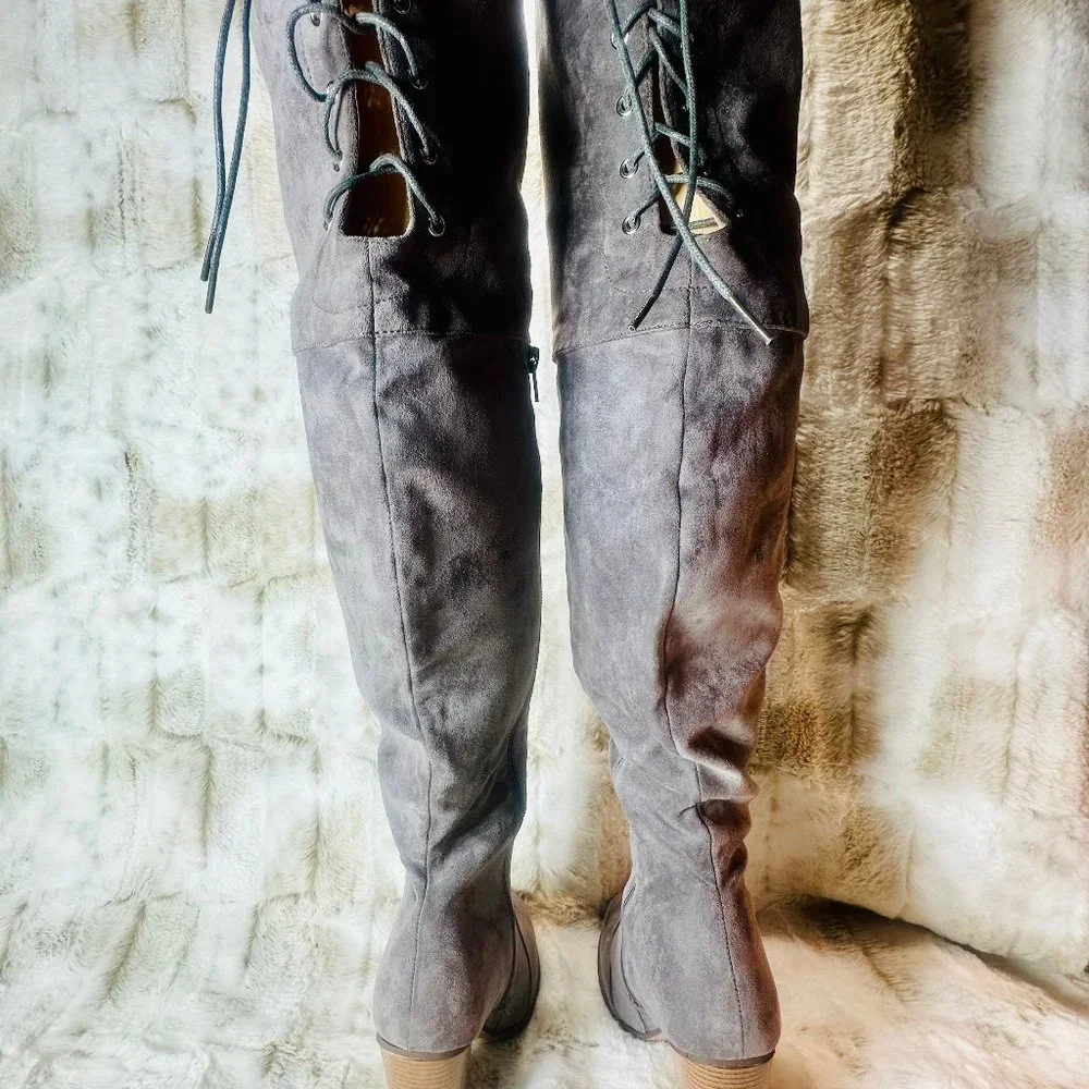 Chase + Chloe Western Style Over The Knee Gray Faux Suede Boots